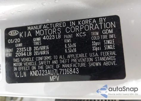 2020 Kia Soul Lx z USA, uszkodzony, nr VIN KNDJ23AU7L7116843